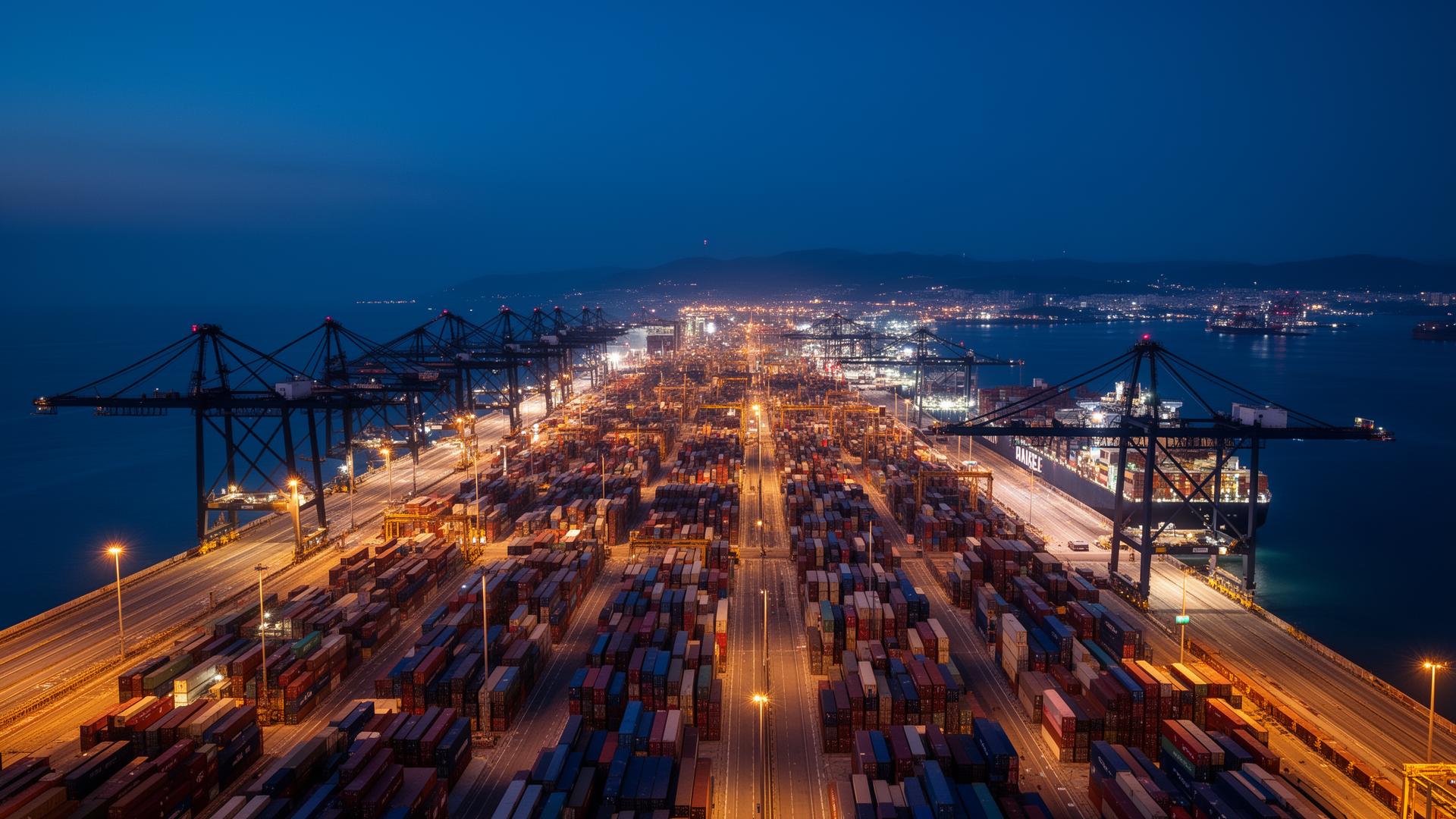 Mediterranean container terminal at blue hour